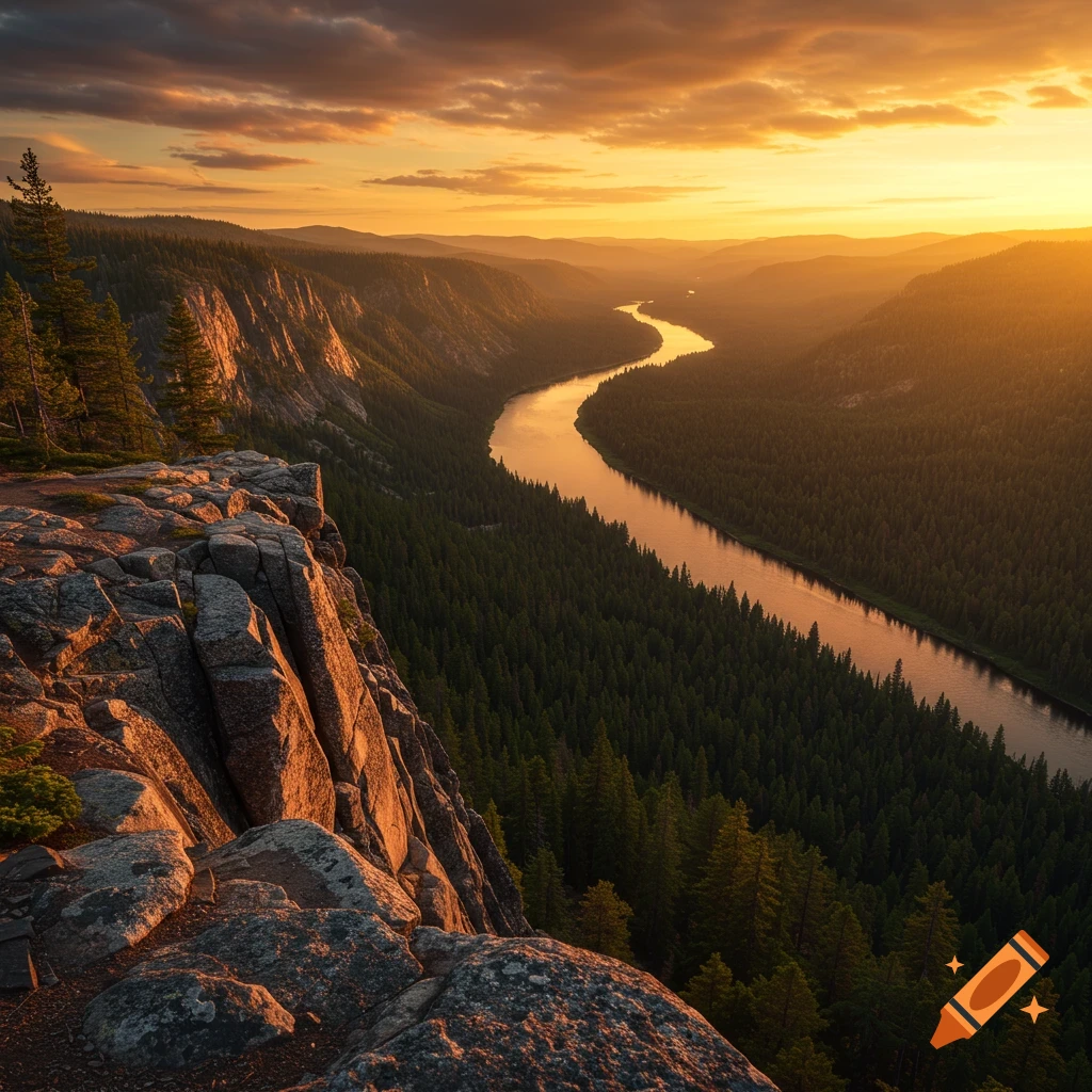 Photorealistic landscape of a river winding through a forest valley at sunset, viewed from a rocky mountain edge.