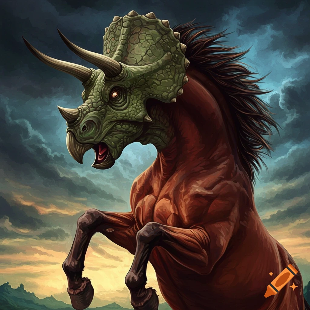Illustration of a rearing horse with a triceratops head under a stormy sky.