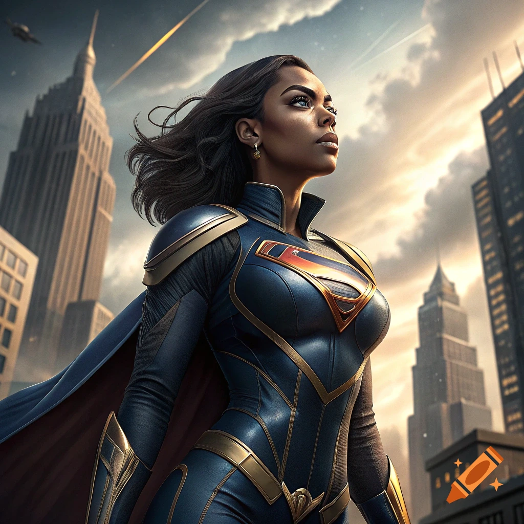 A Black woman in a superhero suit stands dramatically in a city looking at the sky.