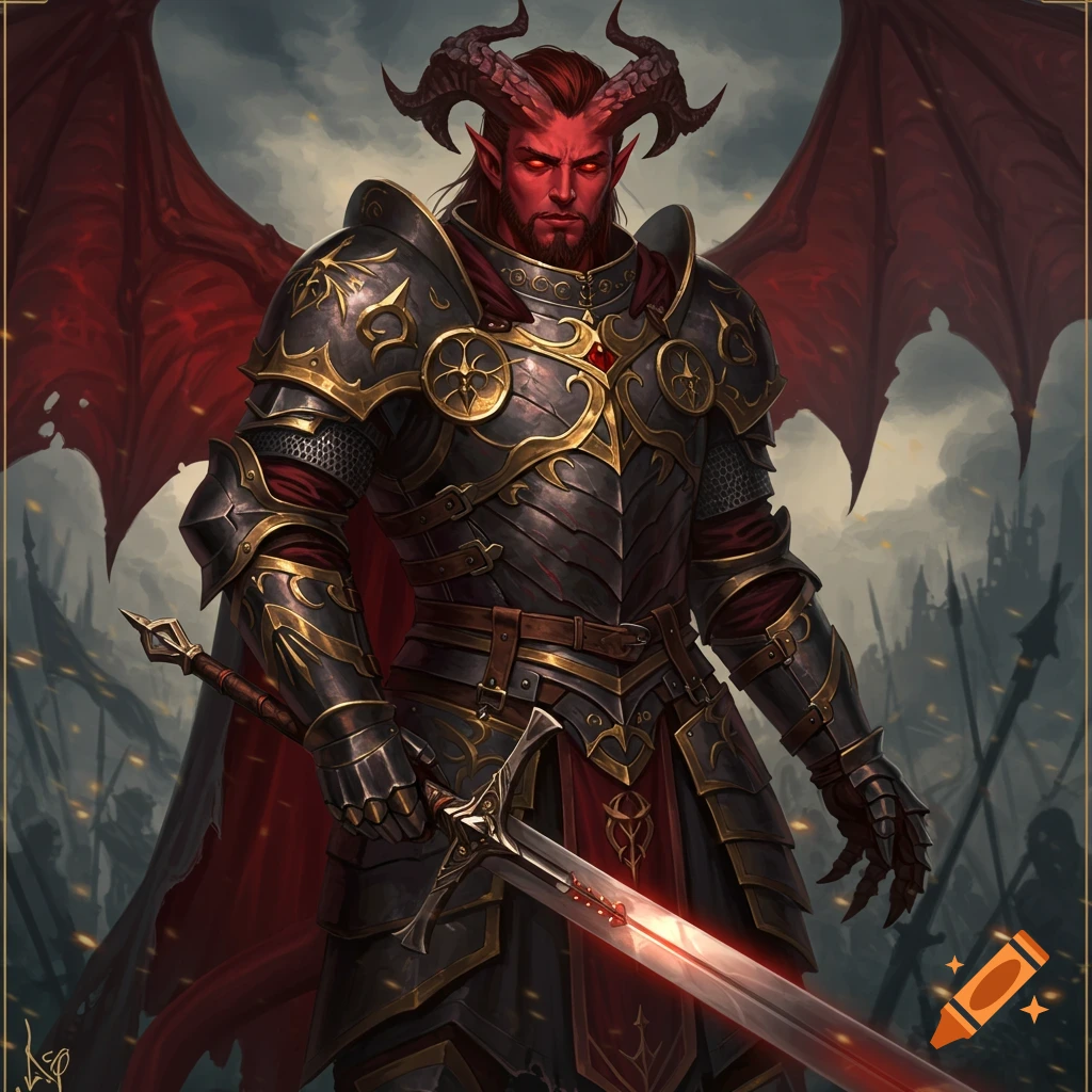 A male tiefling knight with red skin and horns, wearing dark armor with gold trim and red wings, holds a glowing sword.