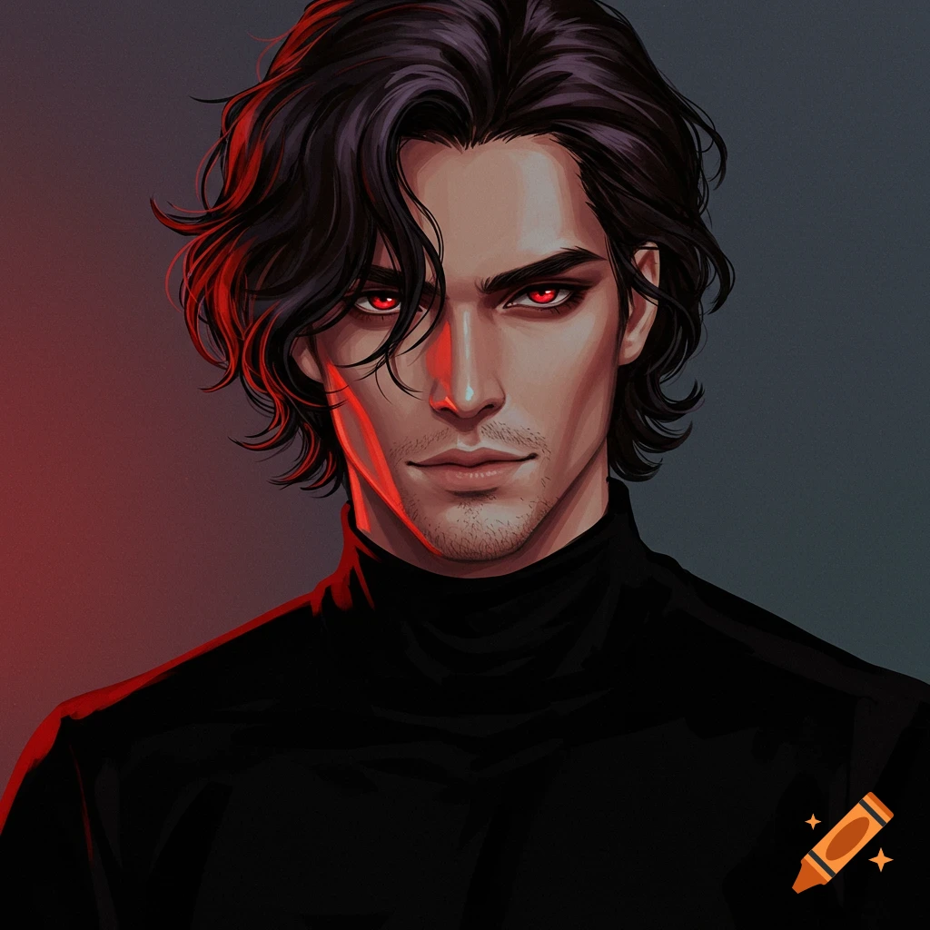 Stylized digital art portrait of a man with dark hair and glowing red eyes wearing a black turtleneck.