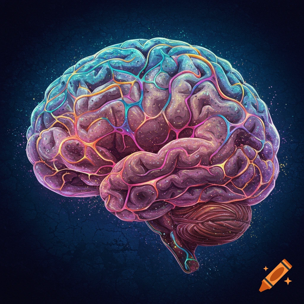 Stylized human brain with glowing lines and vibrant colors on a dark background.