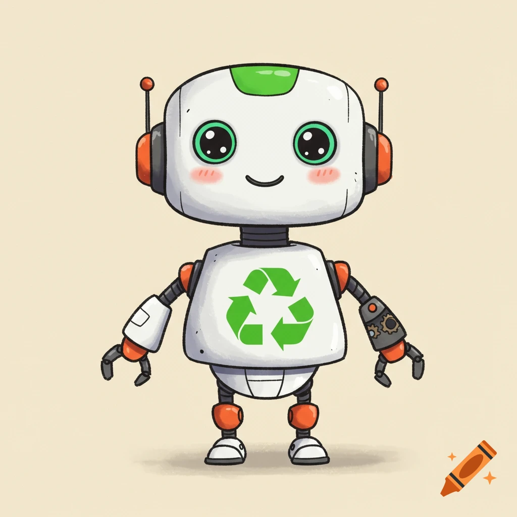 A cute simple robot illustration with a green recycling symbol on its chest.