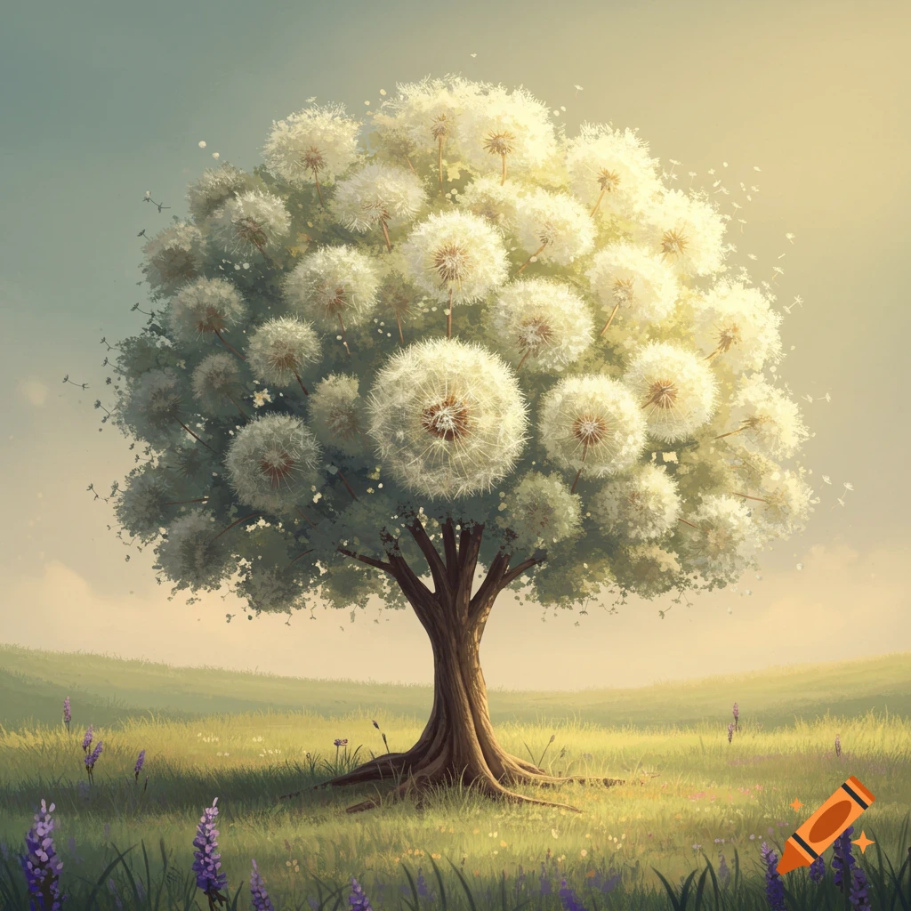 A tree with a large crown made of dandelions stands in a grassy field with purple flowers.