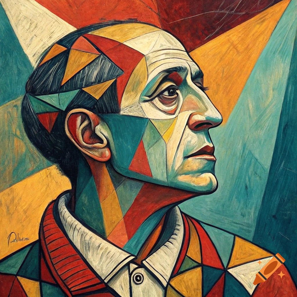 A portrait in a cubist style, composed of geometric shapes in vibrant red, yellow, blue, and white.