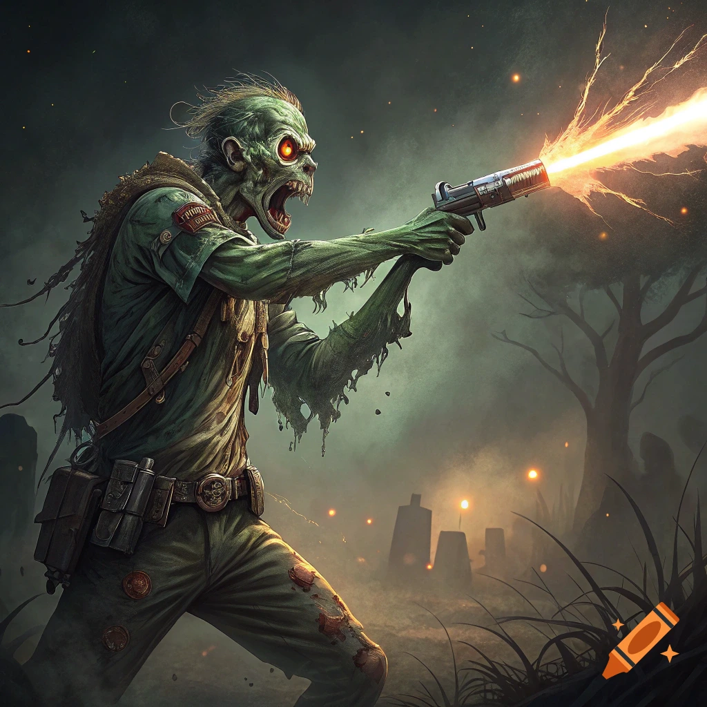 A green zombie with glowing eyes fires a gun in a misty graveyard.