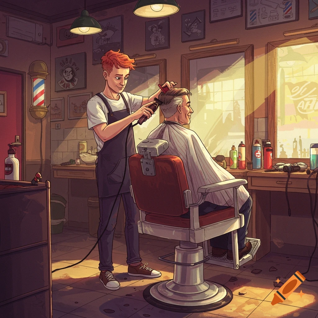 An illustration of a barber giving a haircut to a customer in a barbershop.