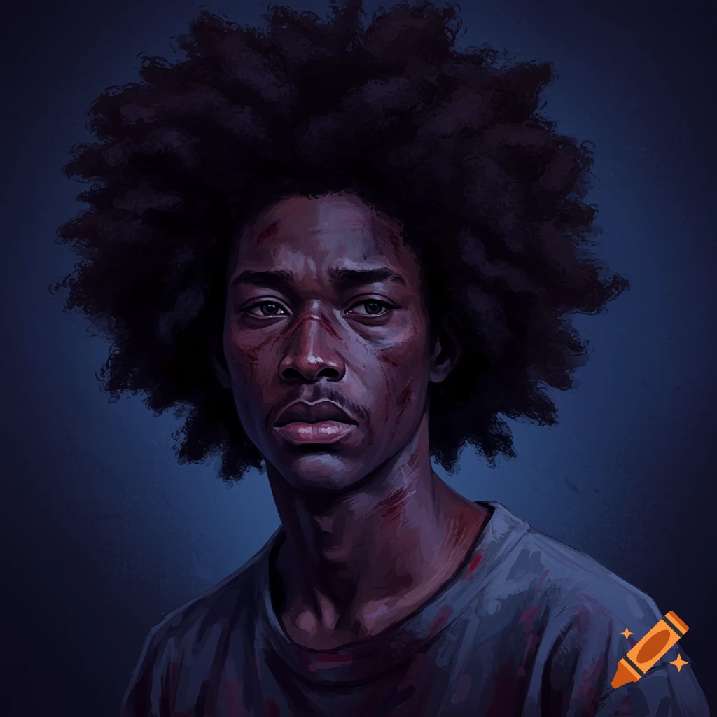 Illustrative portrait of a person with afro style hair and facial injuries