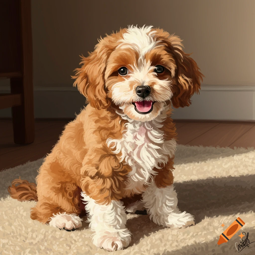An illustration of a cute apricot and white puppy sitting on a rug in sunlight.
