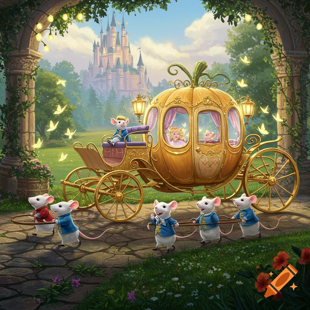 Cinderella in a pumpkin carriage pulled by mice, approaching a castle. Illustrated style.