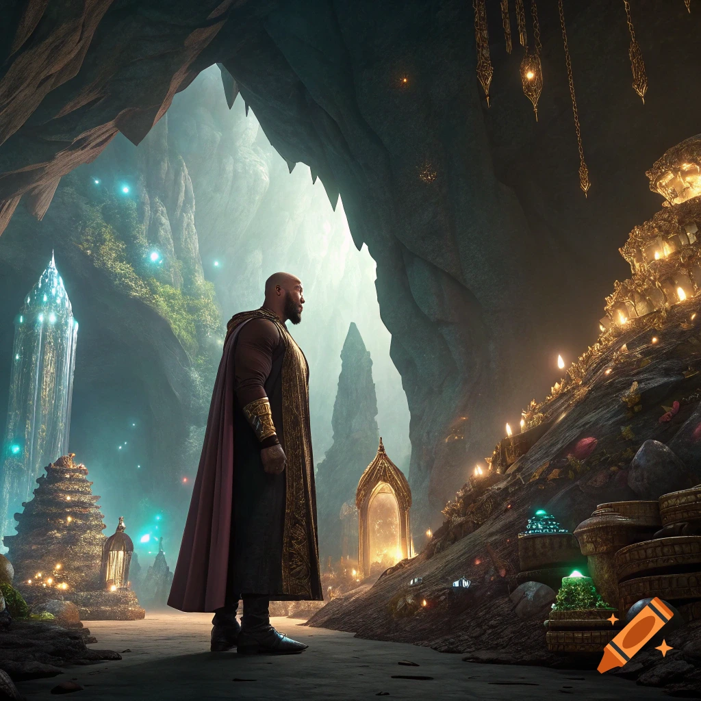 A man in a cloak stands in a fantasy cave filled with gold, crystals, and glittering lights.