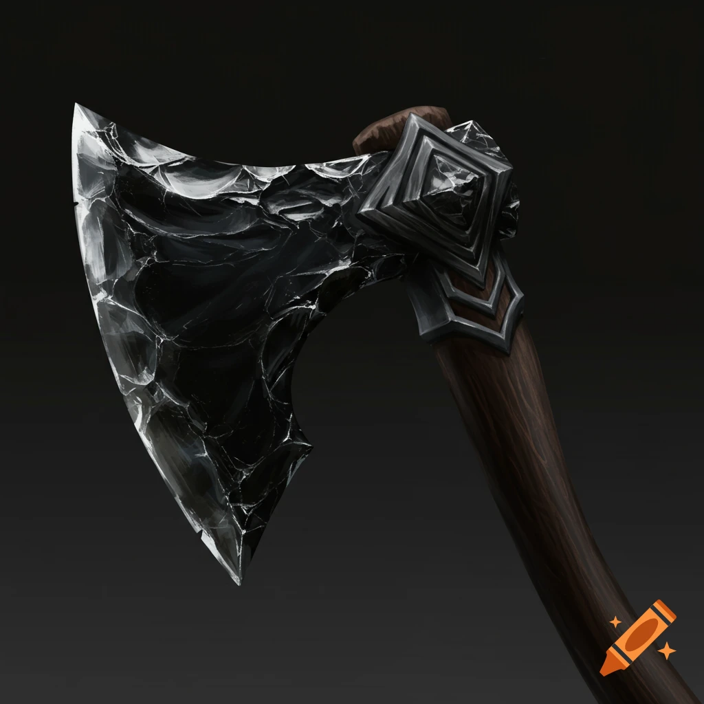 Close-up of a fantasy axe with a black obsidian blade and wooden handle.