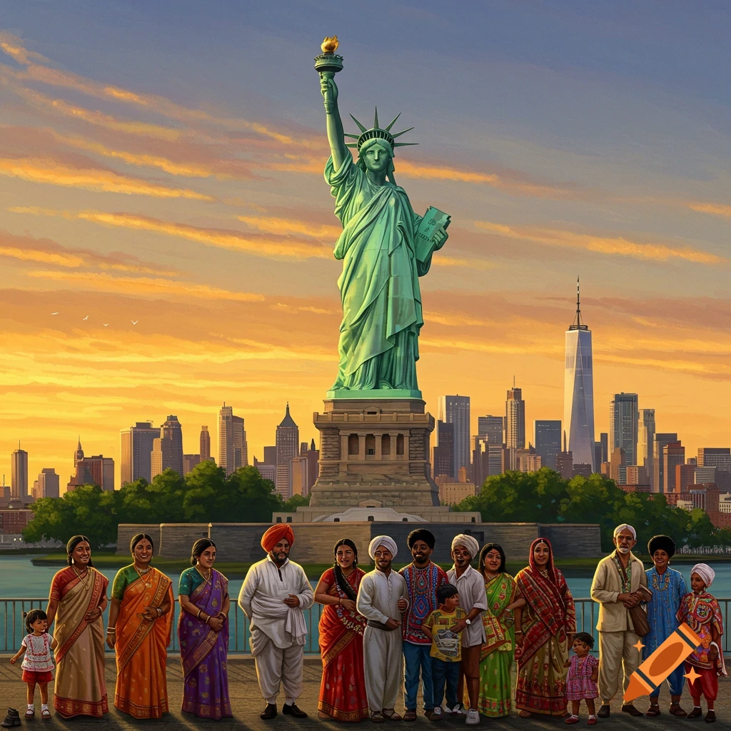 A diverse group in traditional clothing stands before the Statue of Liberty and NYC skyline at sunset.