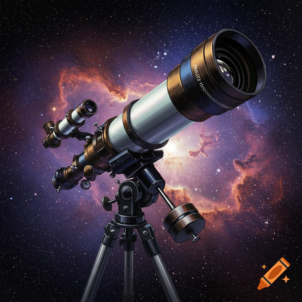 An illustration of a telescope pointed upwards at a colorful nebula and stars in space.