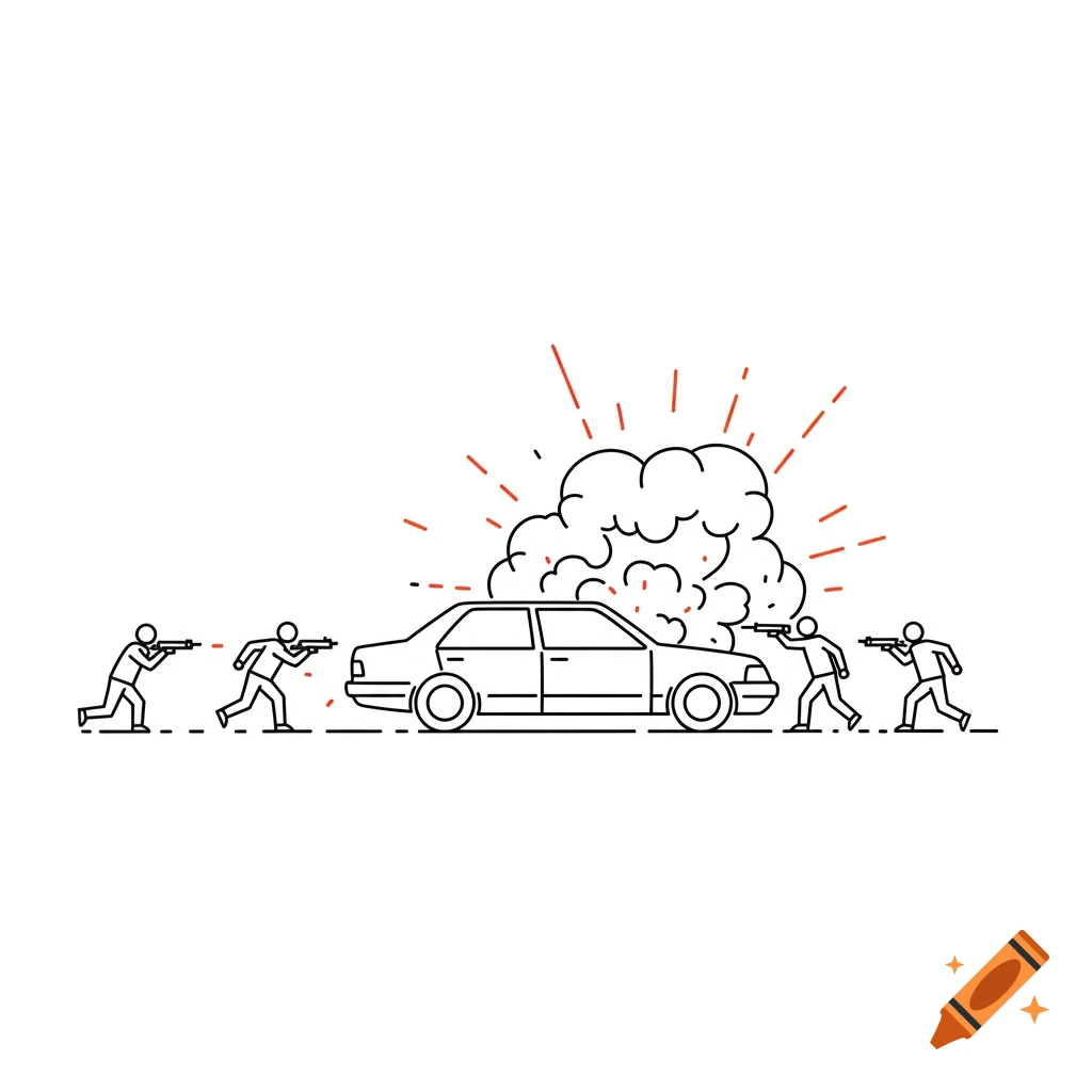Minimalist line art illustration of figures shooting at a car with a small explosion.