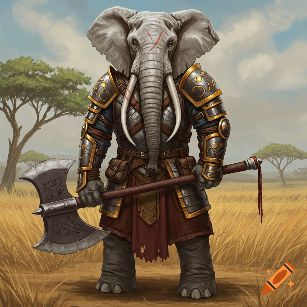 An anthropomorphic elephant in fantasy armor holds a battle axe in a ...