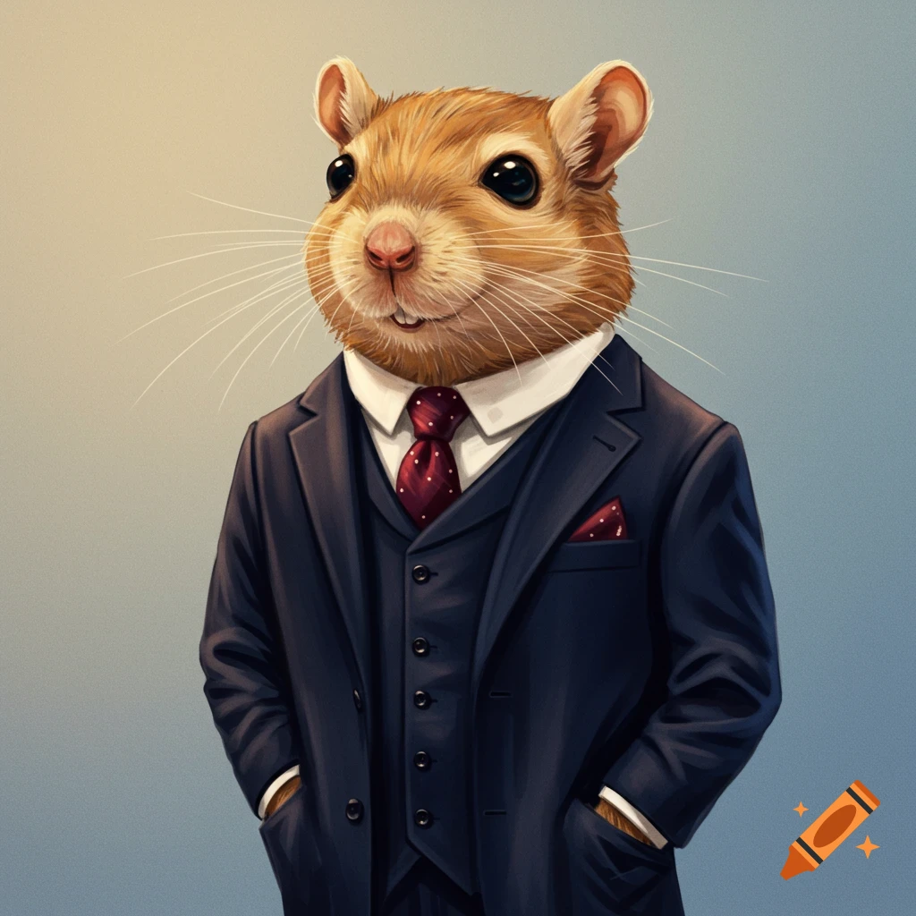 Illustration of an anthropomorphic gerbil wearing a dark suit and red tie.