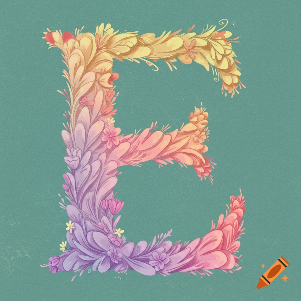 Decorative letter E made of colorful floral elements