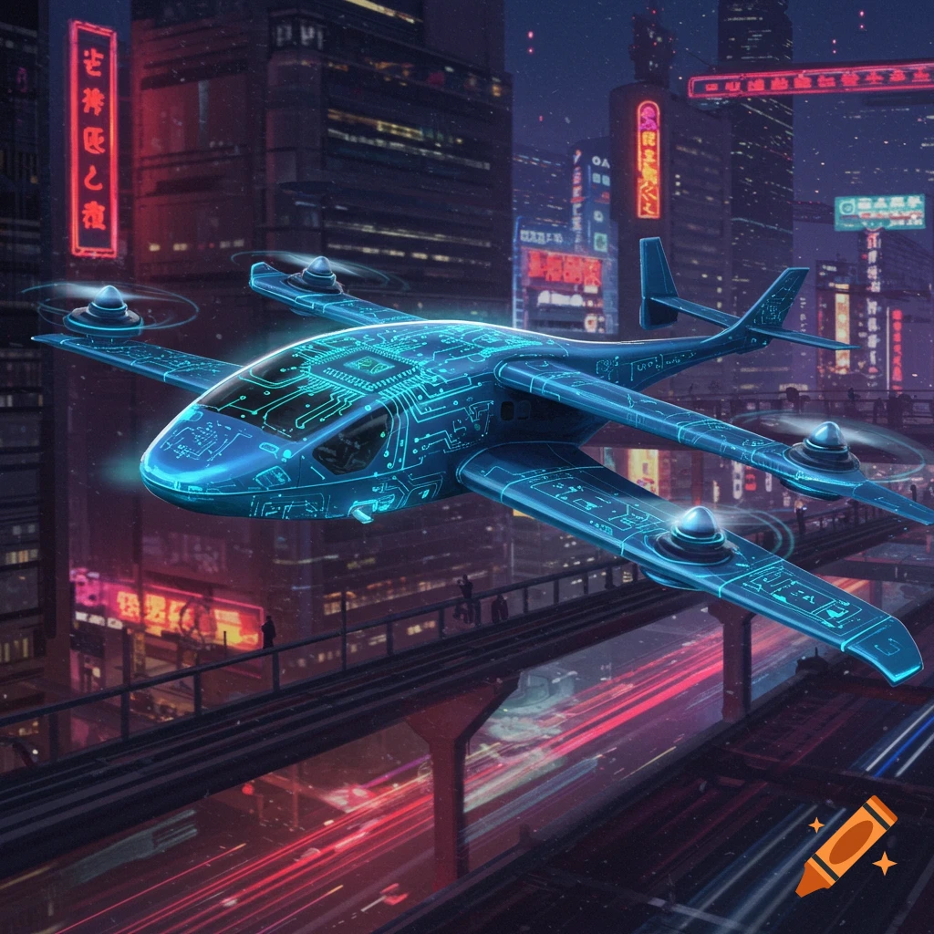 A glowing blue futuristic vehicle flies over a neon-lit cyberpunk city at night.