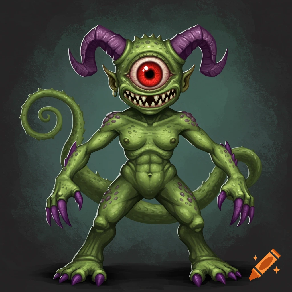 A detailed illustration of a green monster with one red eye, purple horns and claws, and a curly tail.