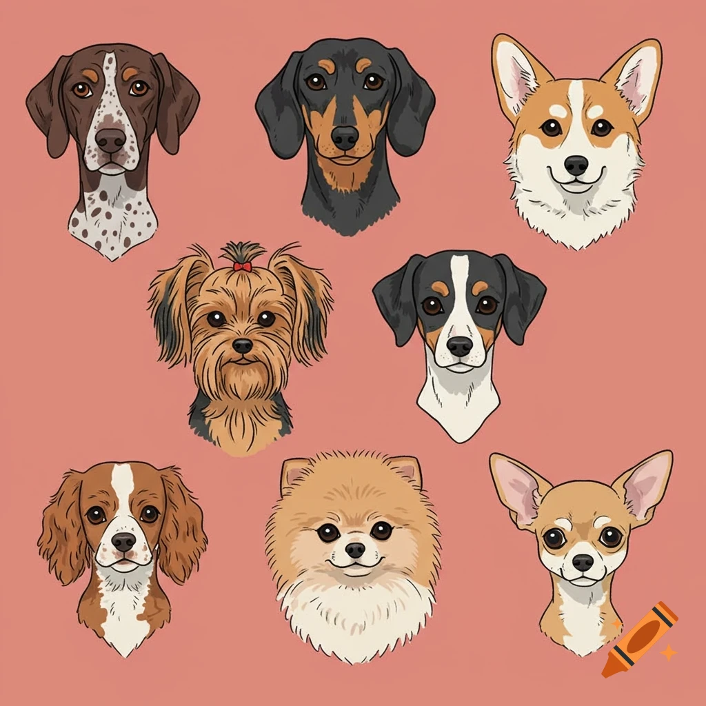 Cartoon heads of German Shorthaired Pointer, Dachshund, Corgi, Yorkshire Terrier, Spaniel, Pomeranian, and Chihuahua dogs.