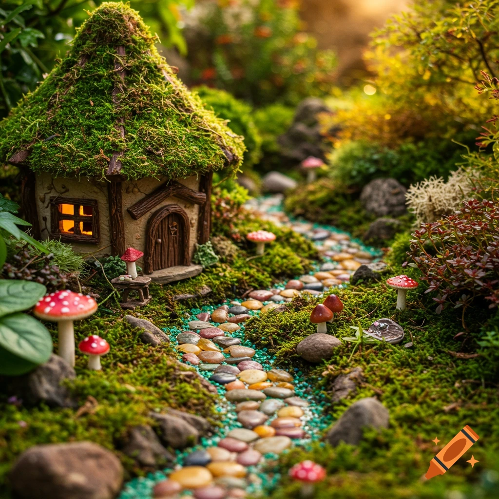 A close-up photo of a miniature moss-covered house, a pebble path, and red-capped mushrooms in a fairy garden.