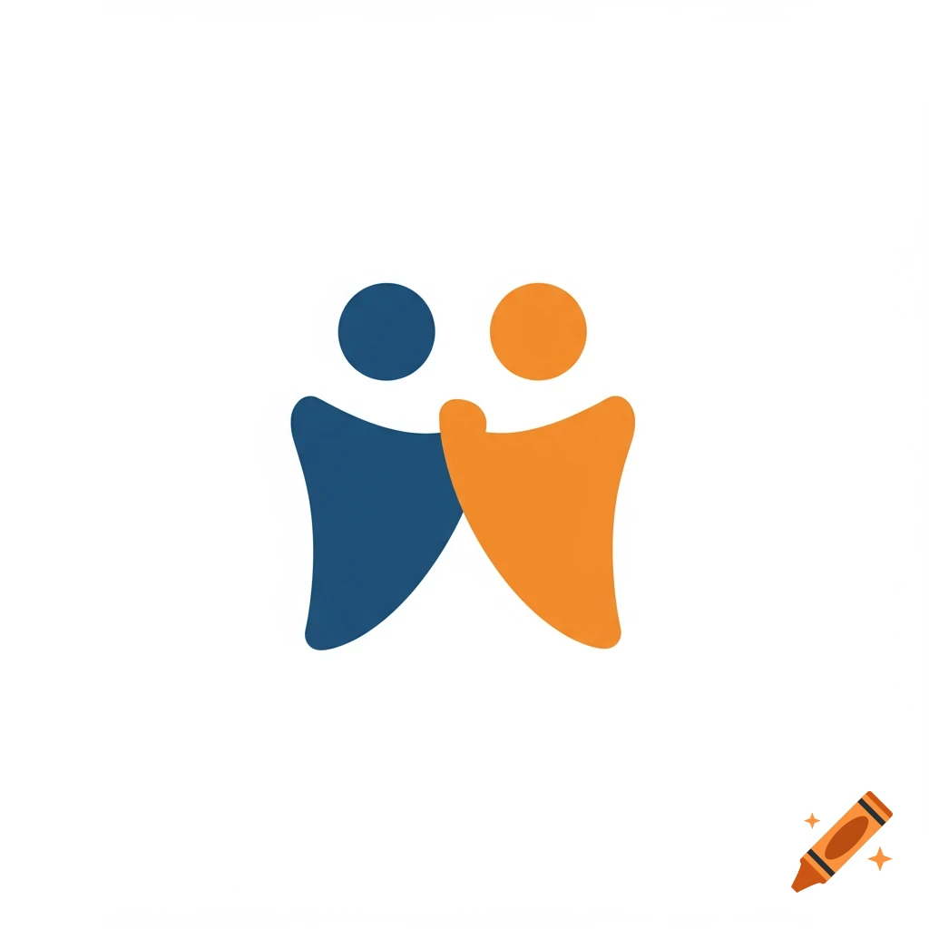 Abstract icon of two stylized figures in blue and orange holding hands on a white background.