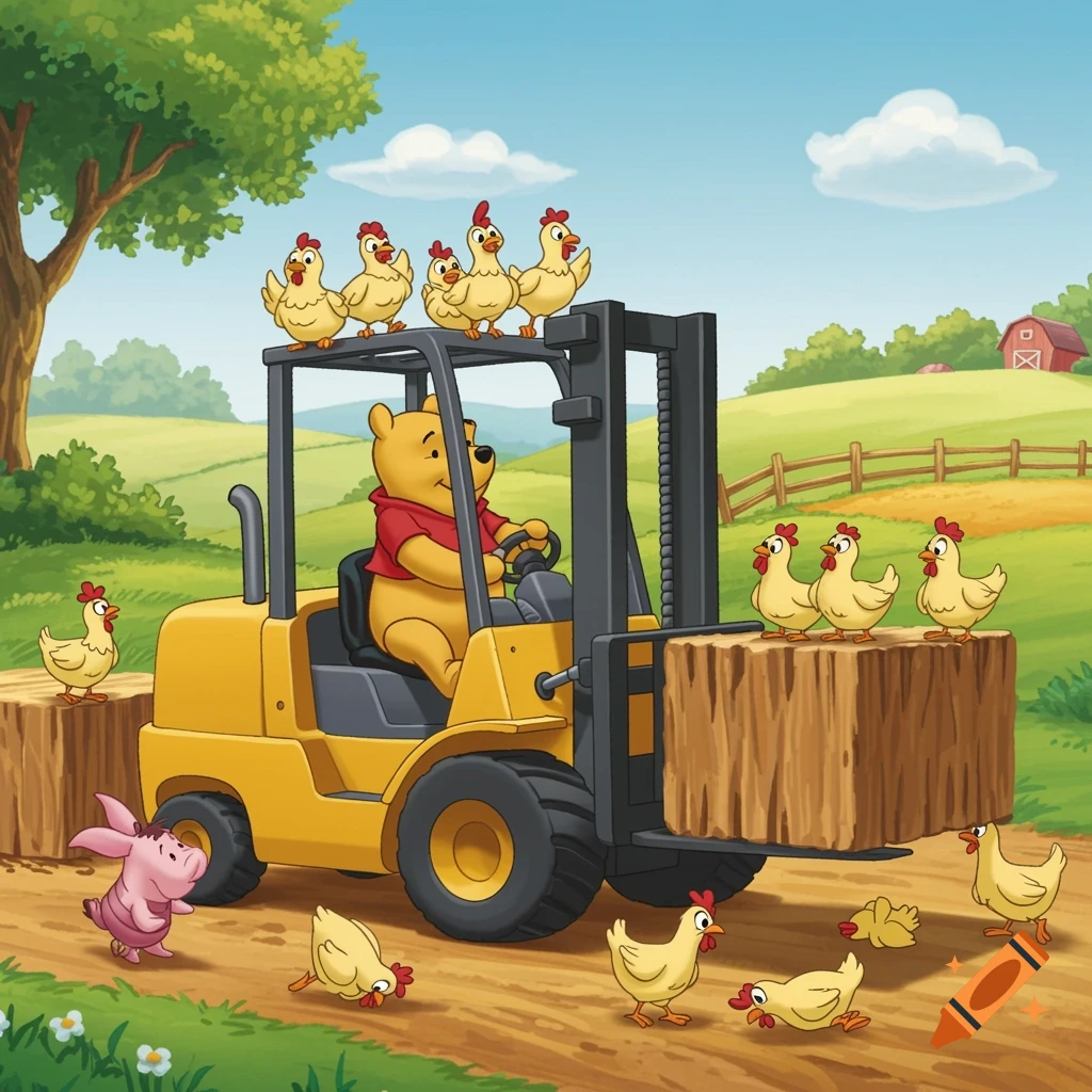 Winnie the Pooh drives a forklift carrying hay bales and chickens on a farm, cartoon style.