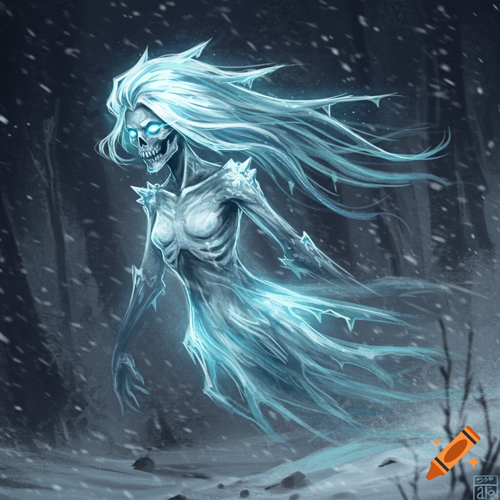 A glowing skeletal ice wraith stands in a snowy forest