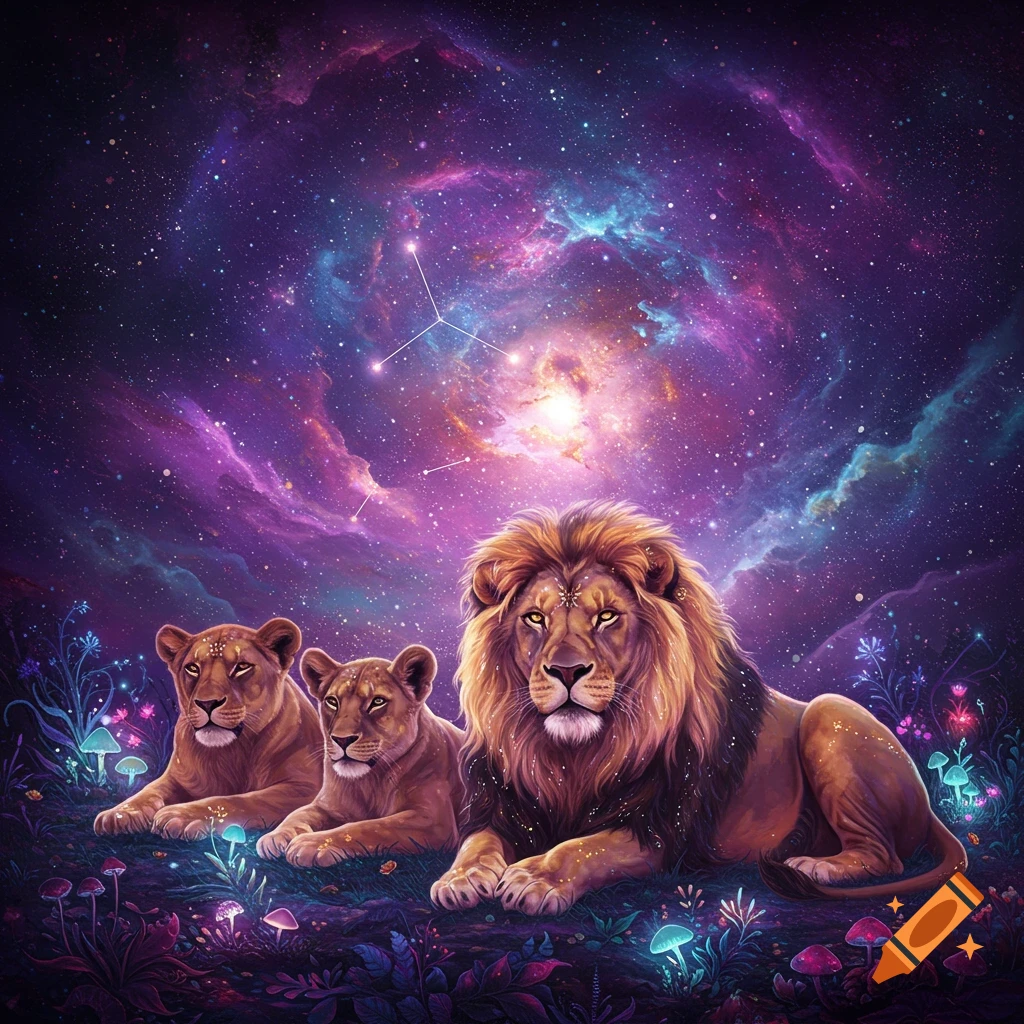 A male lion and two lionesses lie under a vibrant galaxy and stars with glowing mushrooms.