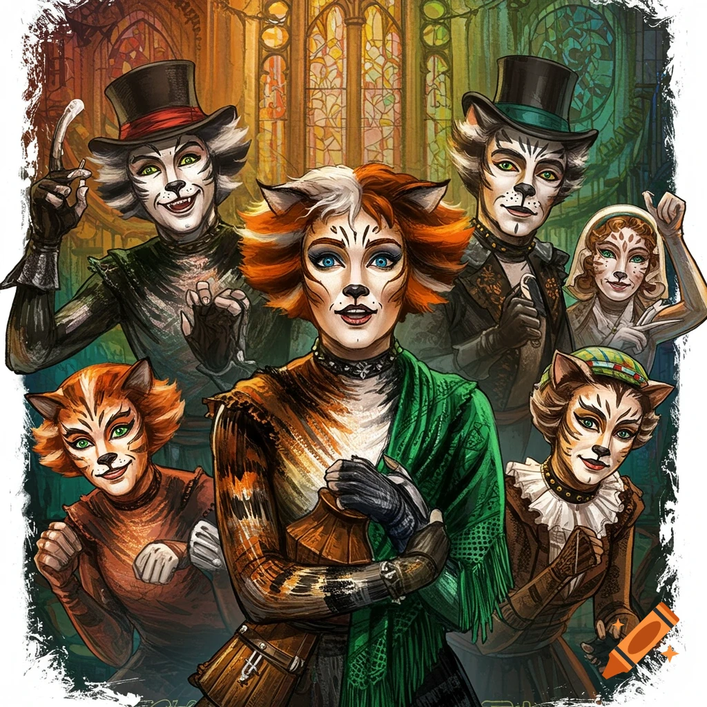 Illustrative depiction of several characters from the musical Cats in costumes against a stylized background.