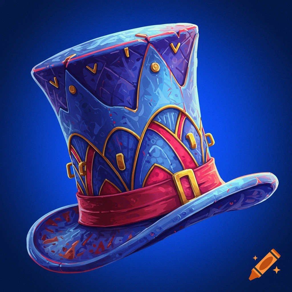 A blue and red fantasy-style top hat with gold accents floating against a blue background.