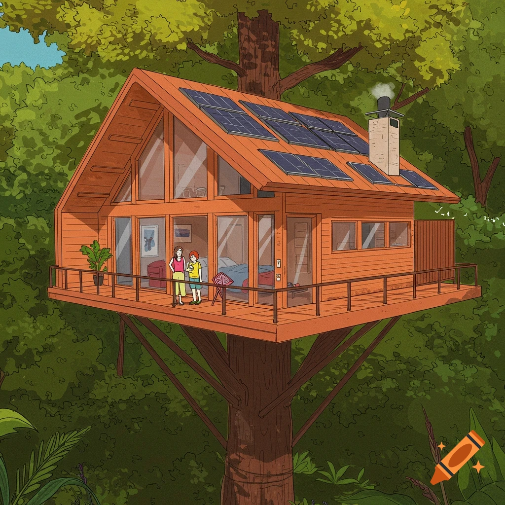 A modern treehouse built into a large tree in a forest, with solar panels on the roof and two people standing on the deck.