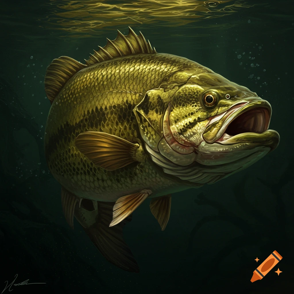 Detailed illustration of a large bass fish swimming underwater