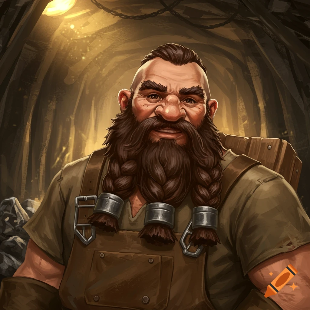 A fantasy portrait of a male dwarf miner with braided beard, set within a mine.