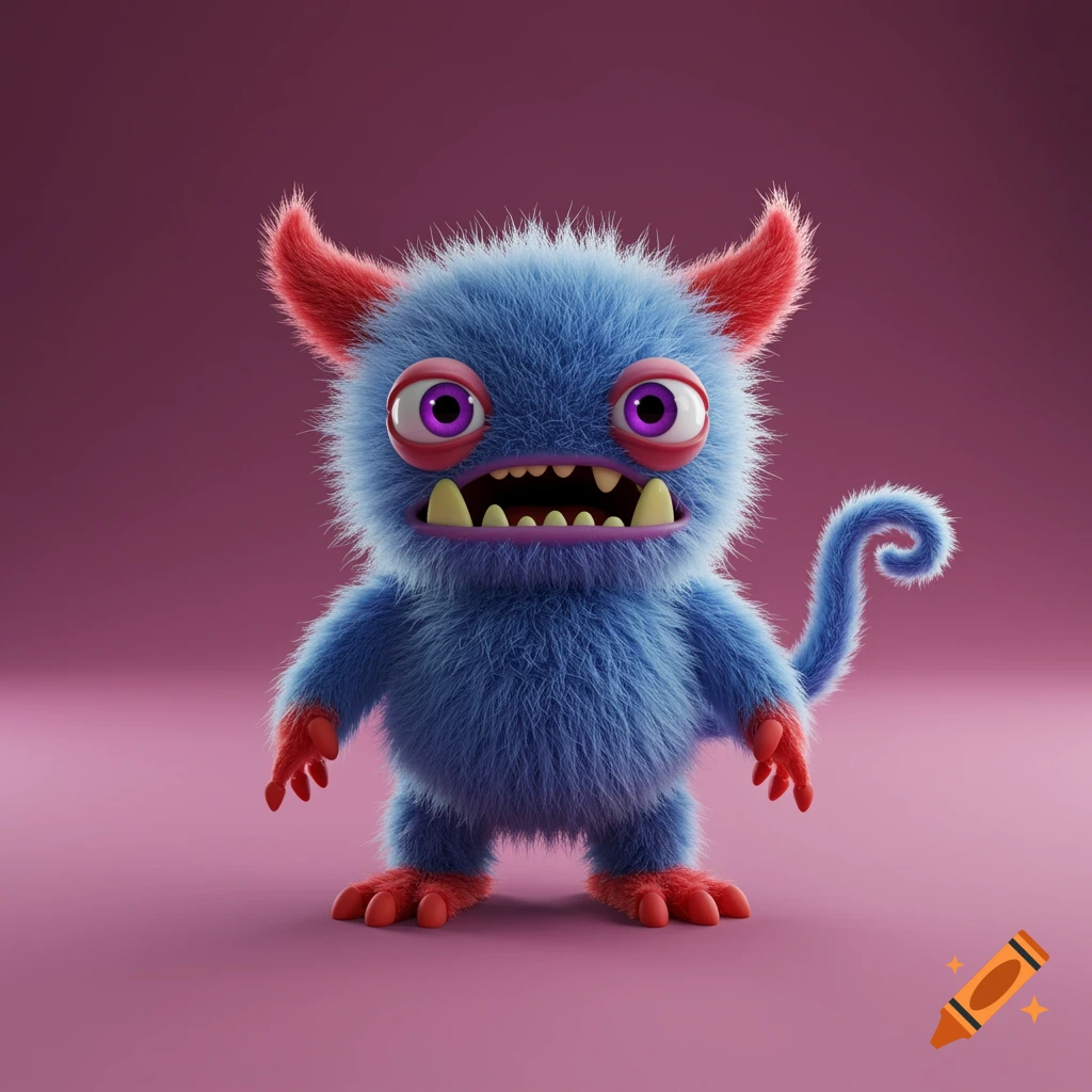 A cute, fuzzy blue monster with red horns and feet, purple eyes, and sharp teeth stands against a pink background.