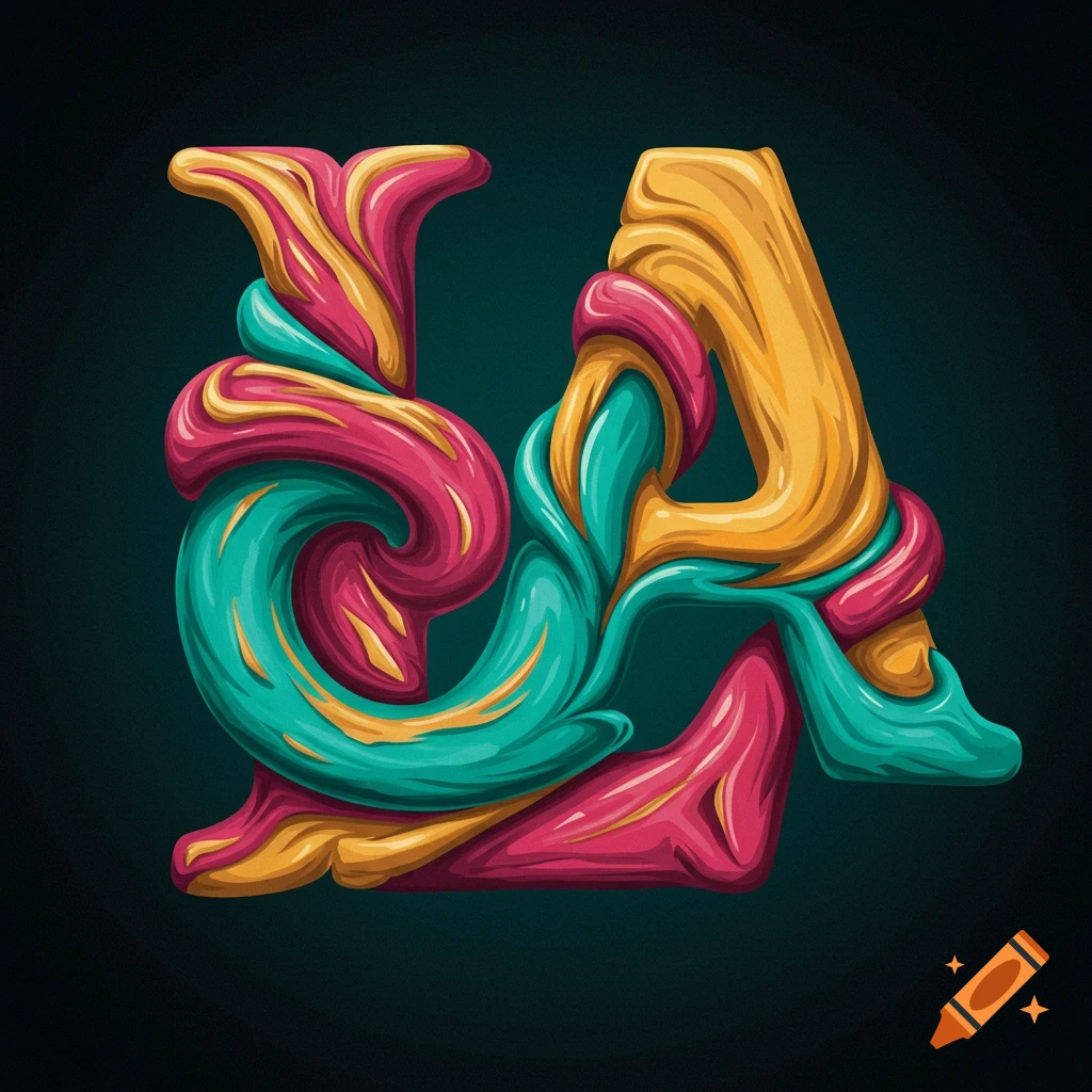Stylized, colorful twisted letters L and A on a dark background.