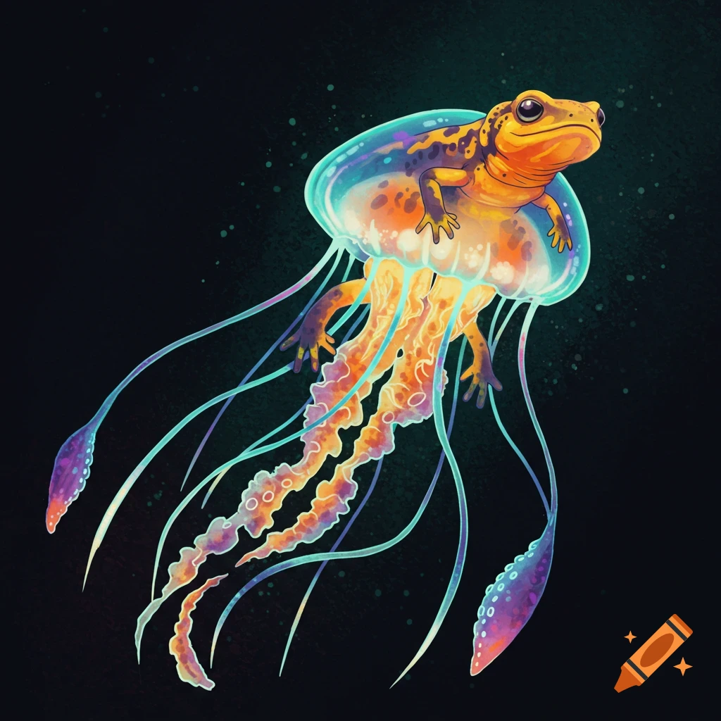 Illustration of a creature combining a salamander and jellyfish.