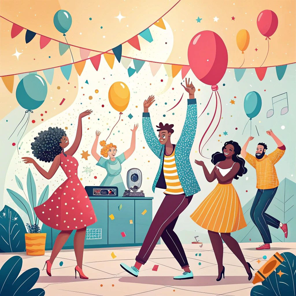People dancing and celebrating at a vibrant party with balloons and confetti.