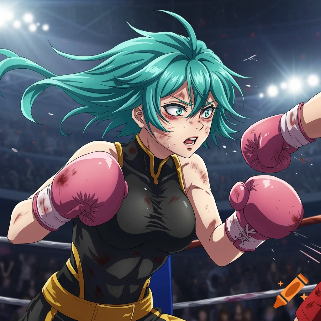 Anime woman boxing in a ring with injuries on her face and body