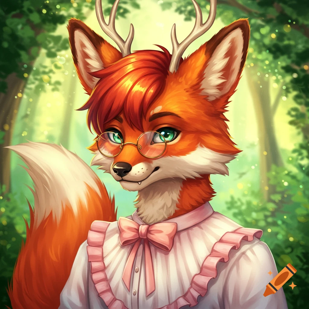 Anthropomorphic fox with deer antlers, glasses, and a ruffled shirt in a forest, digital illustration style.