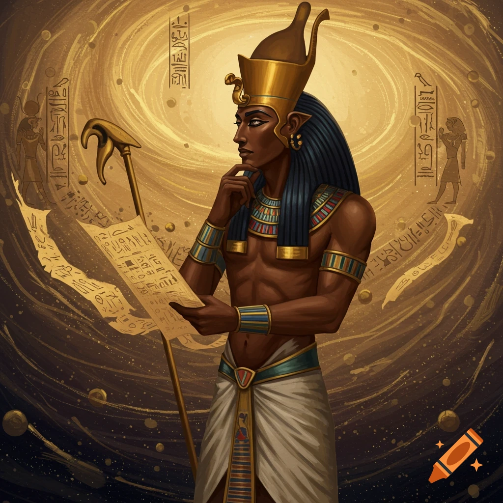 Thoth, the Egyptian god, reads a scroll with hieroglyphs in a golden, swirling background.