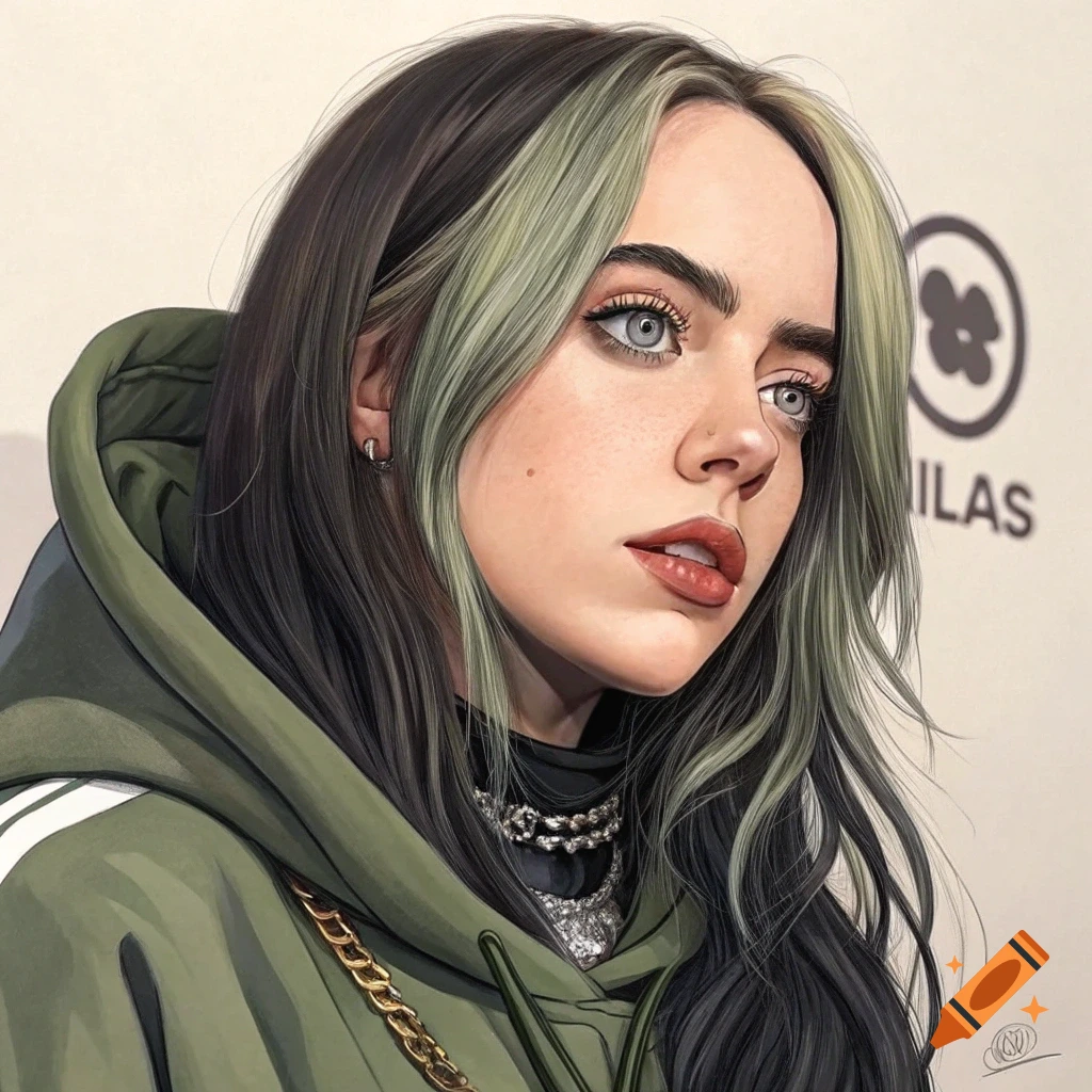 Digital illustration of a young woman with two-toned hair in a green hoodie