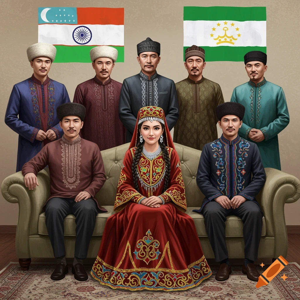 A woman in a red traditional dress sits on a couch, with six men in traditional clothing standing behind her and sitting beside her. Two flags are visible.