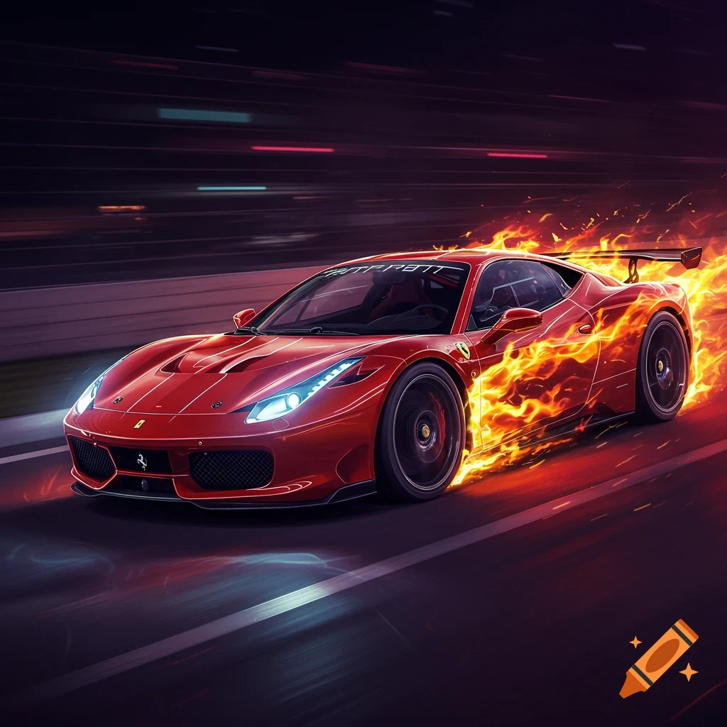 Red Ferrari race car engulfed in flames, speeding on a track at night.