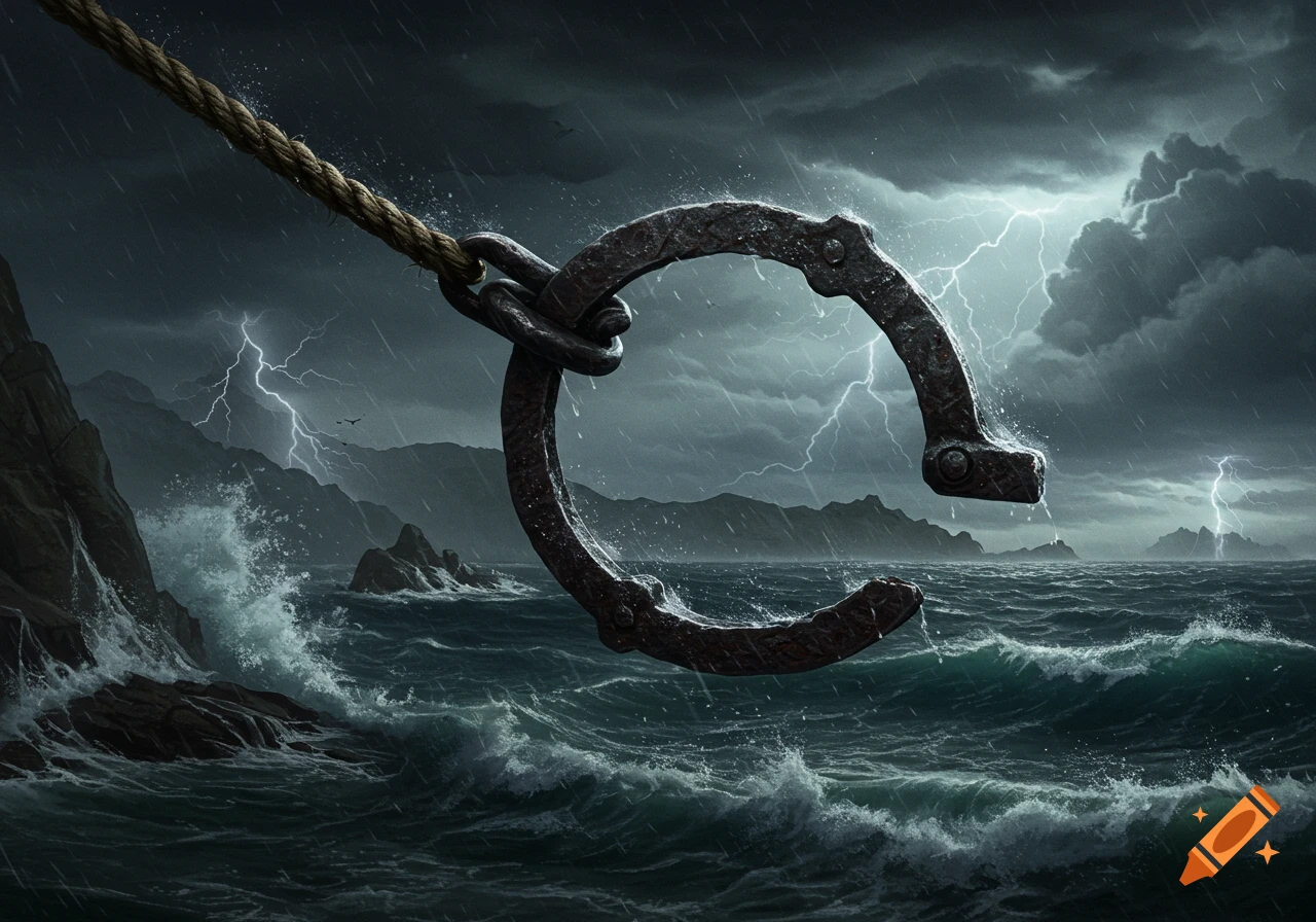 A heavy metal shackle hangs from a thick rope over a stormy sea with crashing waves, lightning, and dark clouds.