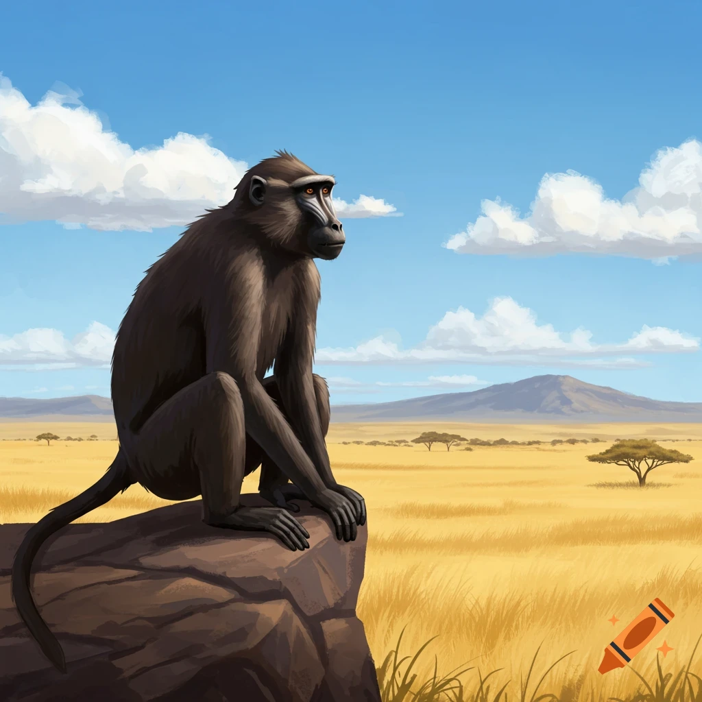 A monkey sits on a rock overlooking a savanna landscape under a blue sky with clouds, illustration style.