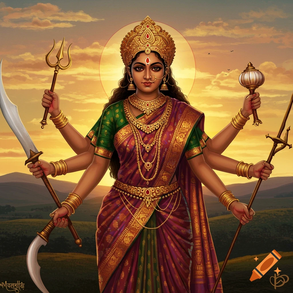 Multi-armed Hindu goddess holding trident and sword against a sunset sky.