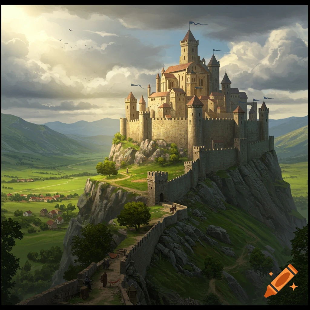 A grand medieval fantasy castle sits atop a rocky hill overlooking a valley and village.