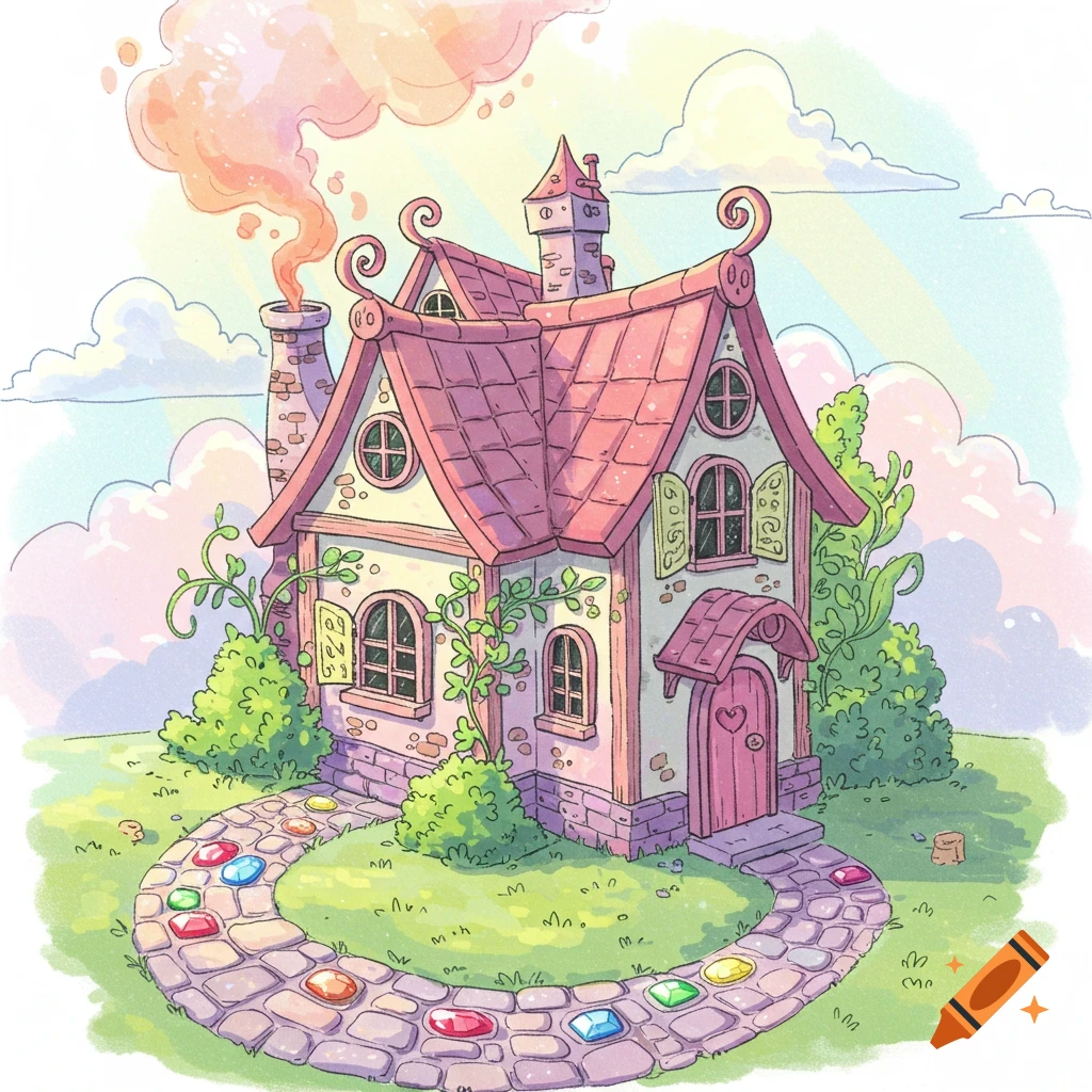Whimsical drawing of a magical house with a pink roof, green shutters, smoke from the chimney, and a gem-lined path.